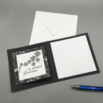 Grußkarte Kondolenz Anteilnahme grau offen Kuvert Schreibfeld Stift