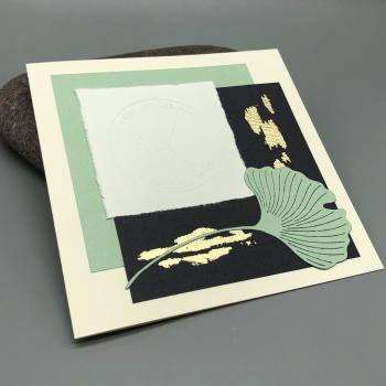 Grußkarte Kondolenz Anteilnahme Ginkgo mint gold Front