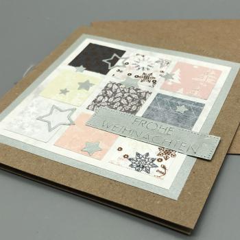 Weihnachtskarte Sterne Quadrat Kraftkarton braun weiß silbergrau Details