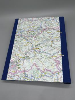 Planer Ringbuch Ringmechanik Front Straßenkarte Mappe blau Alpen Rückseite