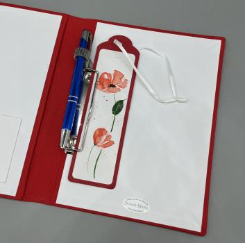 Preview: Notizbuch Klemme Stifthalter rot Mohnblume Lesezeichen A5