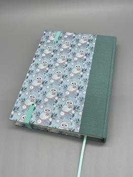 Preview: Tagebuch Buch Leinenrücken  Rückseite handgebunden mint eukalyptus Eule Vögel