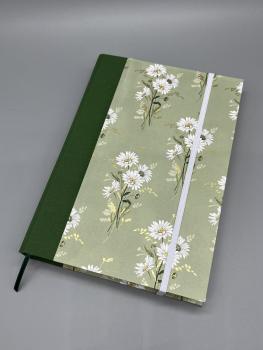 Buch A5 Leinenrücken Gummiband handgebunden Notizen Blumen bunt grün