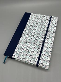 Buch A5 Leinenrücken Gummiband handgebunden Notizen Front Tagebuch blau Blüten Muster