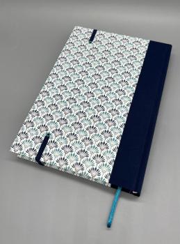 Preview: Tagebuch Buch Leinenrücken  Rückseite handgebunden blau Blütenmuster
