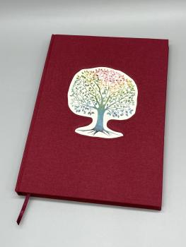 Preview: Notizbuch A5 Ganzband Lebensbaum – Vorderdeckel mit weinrotem Ganzleinenbezug und Lebensbaum-Einlage
