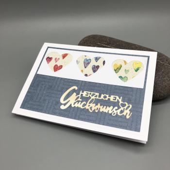 Grußkarte dunkelblau Herzen bunt Querformat Glückwunsch Stein