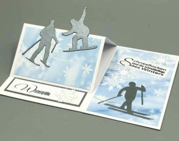 Grußkarte Pop-up A6 Motivkarton Schnee Winter Skifahrer Aufstellfunktion