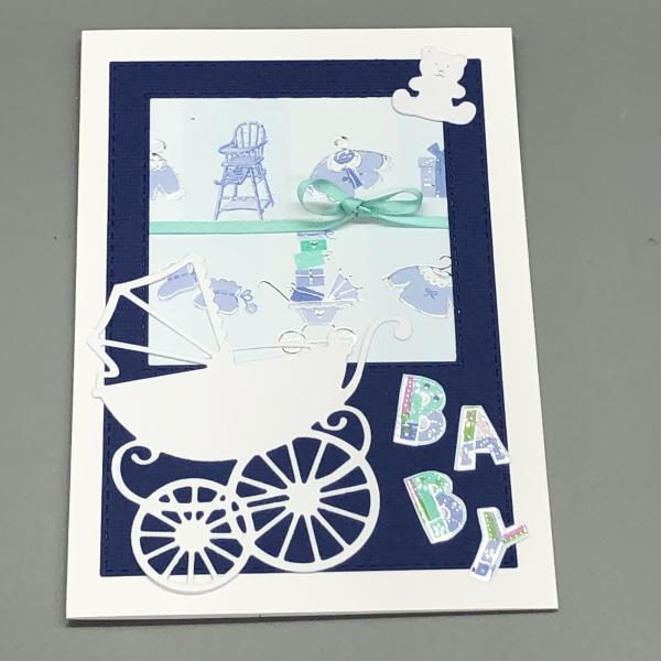 Grußkarte Baby blau Kinderwagen