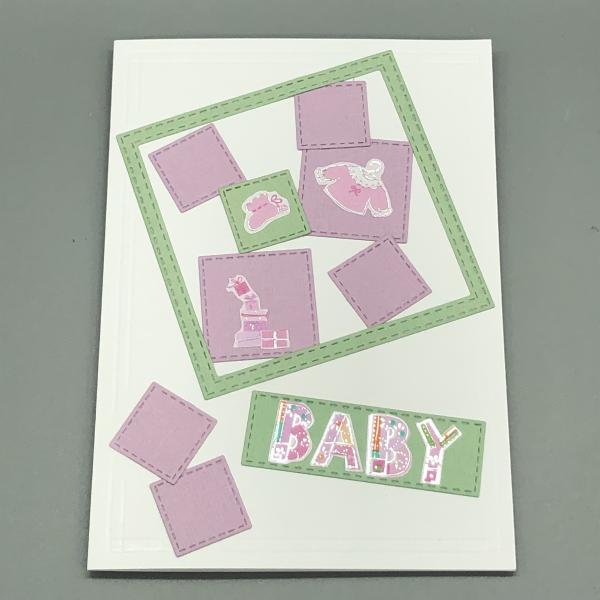 Grußkarte Baby Quadrate Kindersachen Geburtstag Taufe rosa Bauklötzchen