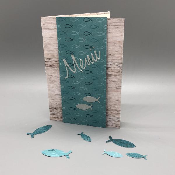 Menükarte Konfirmation Fische blau Stanzteile Tischdeko
