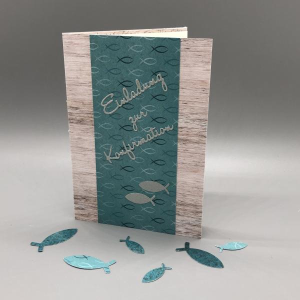 Grußkarte Einladung Konfirmation Fische blau stehend