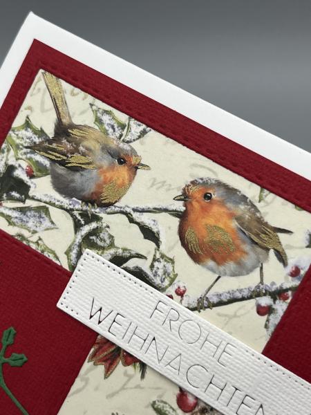Karte Weihnachten A6 rot Detail Geschenkpapier Vogelmotiv