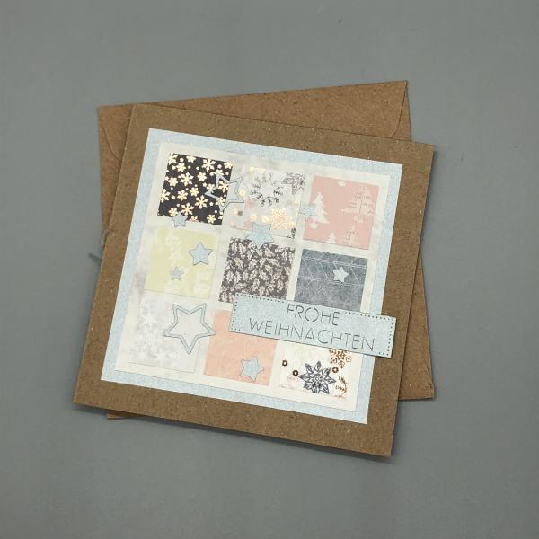 Weihnachtskarte Sterne Quadrat Kraftkarton braun weiß Front