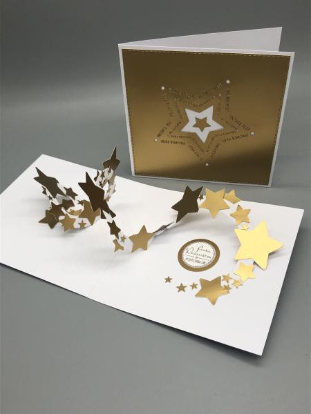 Weihnachtskarte popup Sterne Quadrat weiß gold