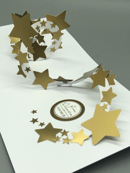 Weihnachtskarte popup Sterne Wirbel Stempelgruß weiß gold