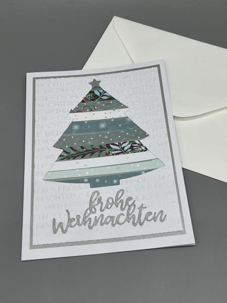Weihnachtskarte C6 Baum gestreift silbern weiß stehend Kuvert