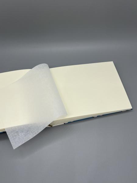Fotoalbum 15×21 cm quer Möwenflug – aufgeschlagene Seite mit leinenstrukturiertem Pergaminblatt über weißem Fotokarton
