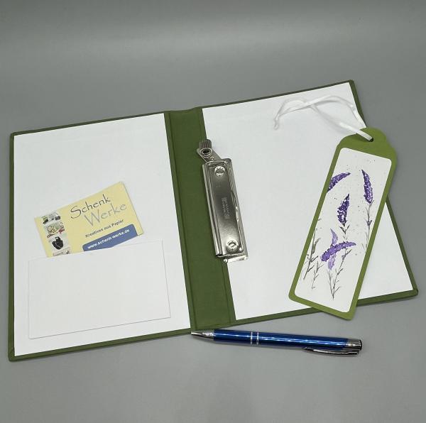 Notizbuch Mappe Klemme A5 grün Lavendel Lesezeichen Stift Steckfach