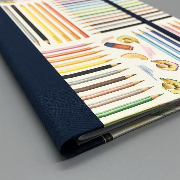Heft Notizen A5 Buchdeckel Bindung Leinen blau Stifte