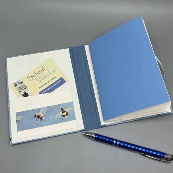 Notizen A6 Leinenrücken auswechselbar Heft Steckfach Stift Notizheft blau