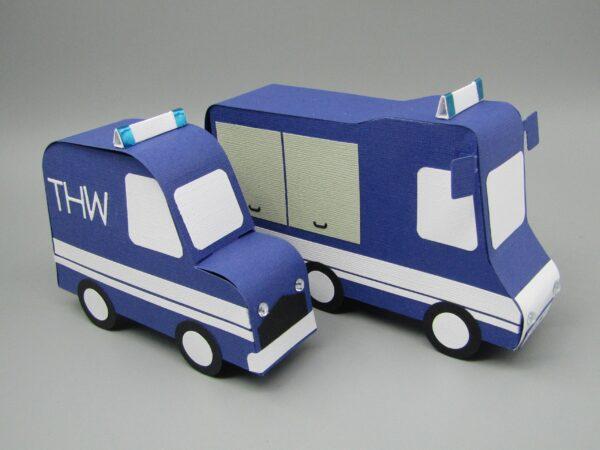 Geschenkschachtel Verpackung Gutschein Symbol Notfallfahrzeug THW blau Auto