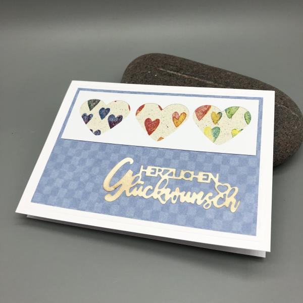Grußkarte blau Herzen bunt Querformat Glückwunsch